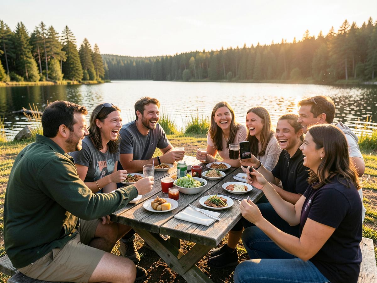 Friends sharing a meal at a lakeside campsite at golden hour
