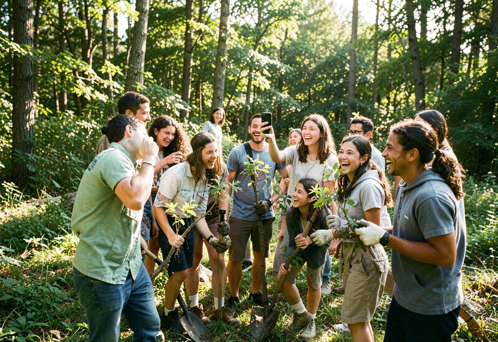 A group of friends in a forest laughing while planting tree saplings, one filming on a phone