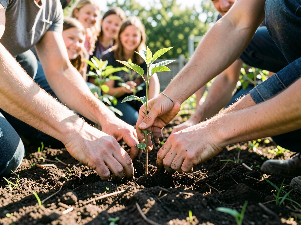 Hands planting a young tree in dark soil