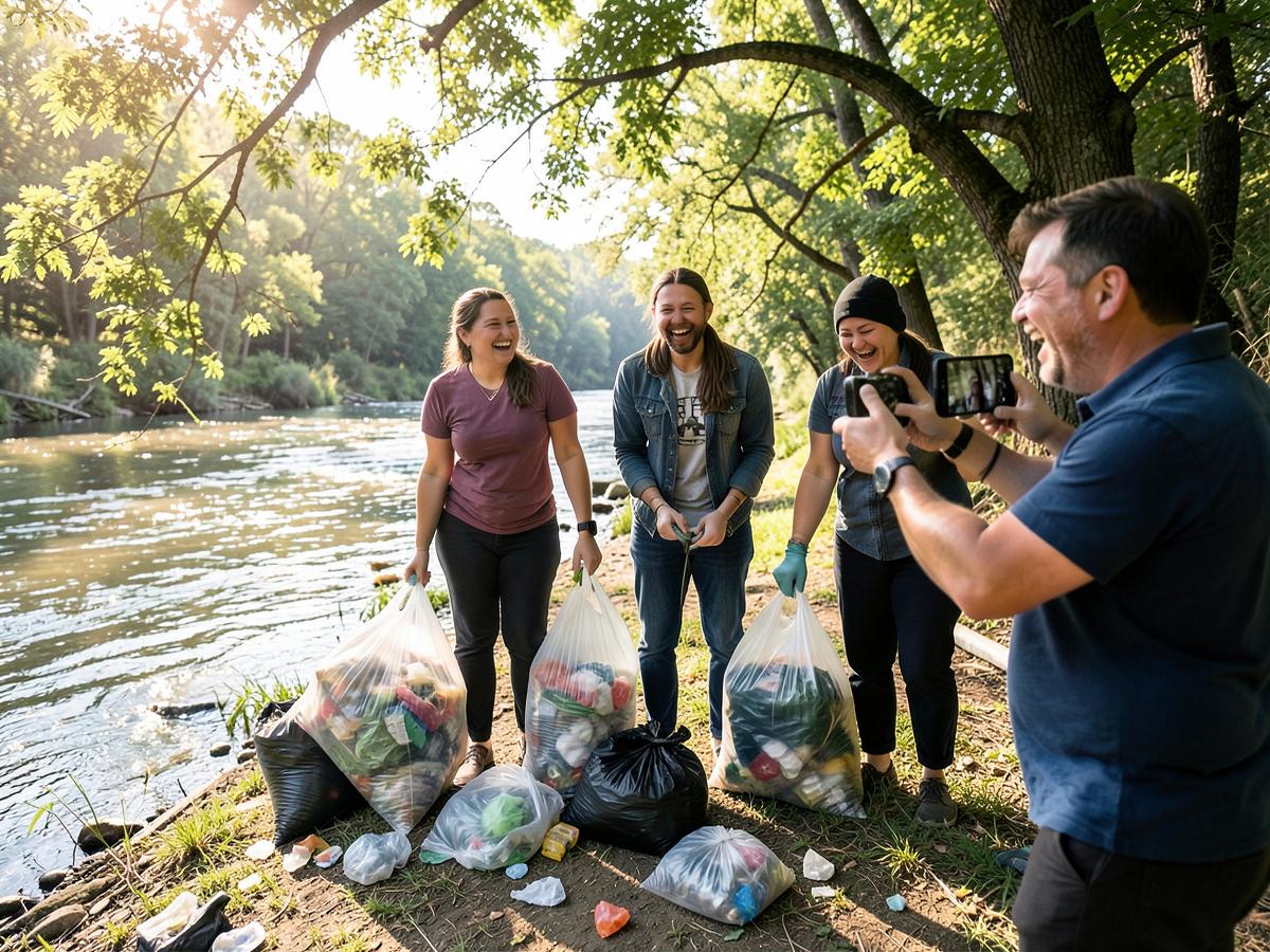 Friends laughing while cleaning up a riverbank, one filming on a phone